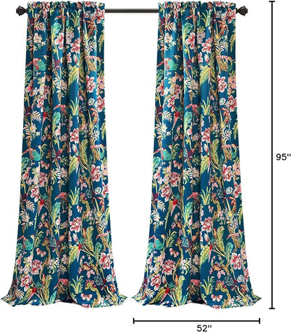 Lush Decor Dolores Light Filtering Window Panels, Pair, 52" W x 95" L, Navy & Multi - Floral Curtains for Bedroom - Vintage Curtains - Coquette Room Decor