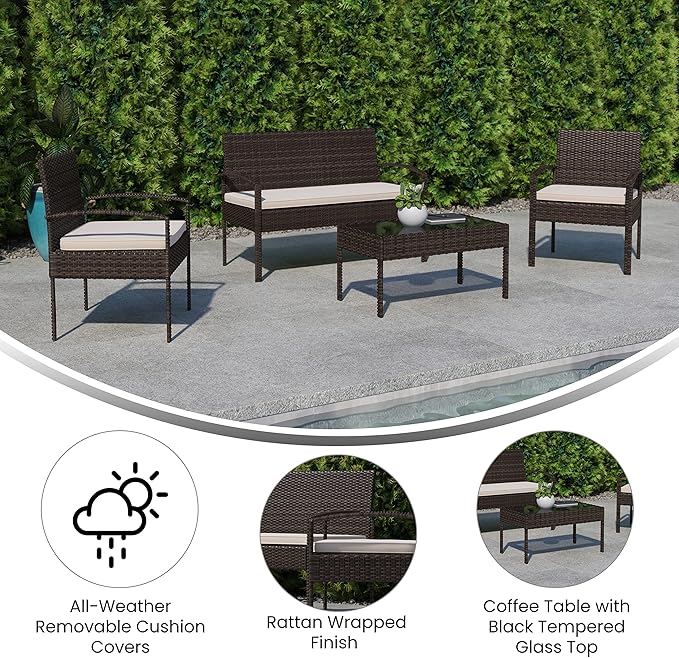 Flash Furniture Aransas Series 4 Piece Brown Patio Set with Steel Frame and Beige Cushions