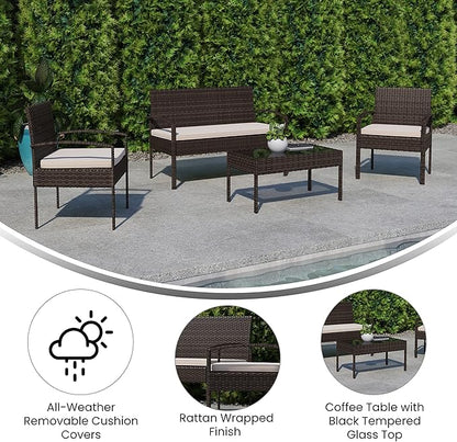 Flash Furniture Aransas Series 4 Piece Brown Patio Set with Steel Frame and Beige Cushions