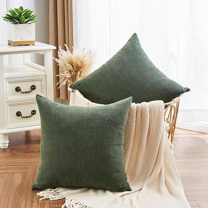 GAWAMAY Decorative Square 16"x16" Inch Throw Pillow Covers Set of 2, Super Soft Chenille Pillows Farmhouse Pillowcase for Living Room Bedroom Sofa Couch Cushion Cover Dark Green 40x40cm (No Insert)
