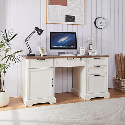 60" Farmhouse Executive Desk with Charging Station,Home Office Desk with 4 Drawers & 1 Cabinet&1 File Cabinet,Main Drawer with Lock,Wood Desk for Office and Home