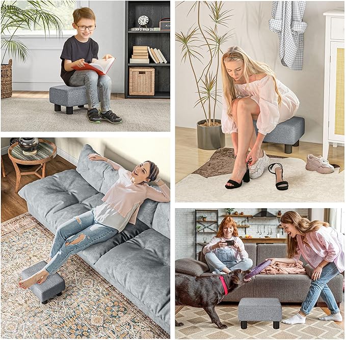 HOMCOM Ottoman Foot Rest, Small Foot Stool with Linen Fabric Upholstery and Plastic Legs, Cube Ottoman for Living Room, Gray