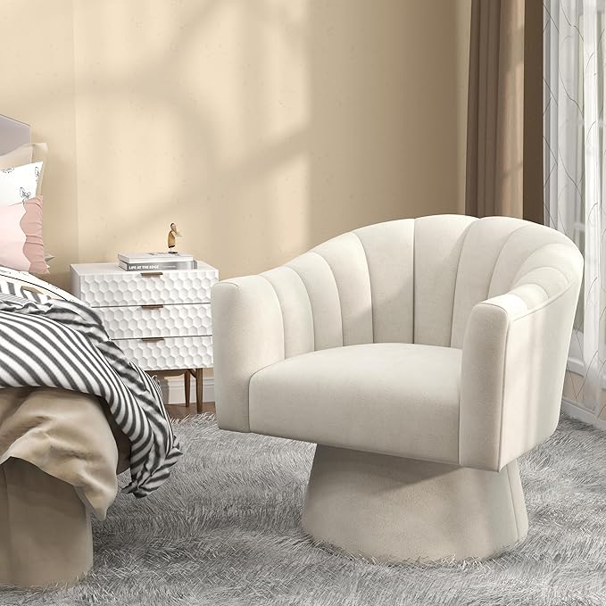 Swivel Accent Chair Set of 2, Upholstered Velvet 360° Swivel Barrel Chair for Living Room Overstuffed Bouncle Reading Chair Round Armchair for Bedroom,Vanity,Office (Beige)