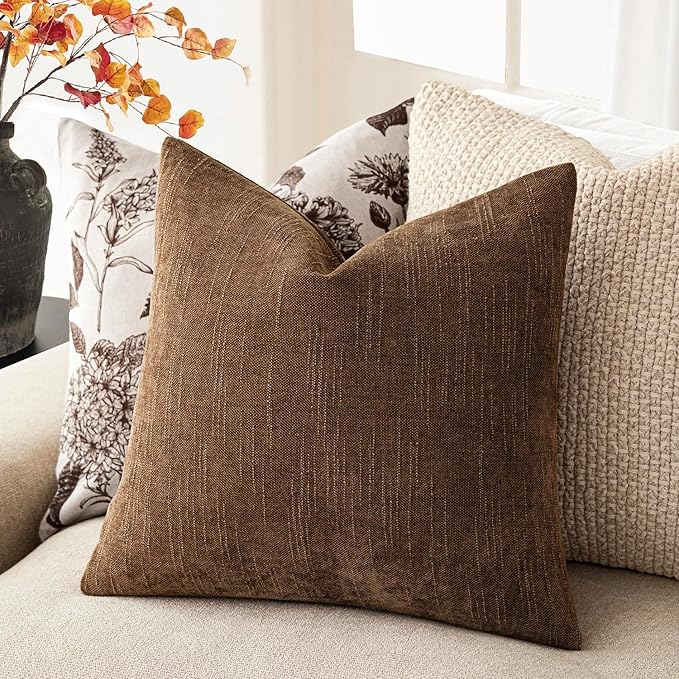 Foindtower Set of 2 Soft Textured Chenille Throw Decorative Pillow Covers Square Accent Solid Cushion Cover Cozy Neutral Farmhouse Pillow Case for Couch Sofa Bedroom Living Room 18x18 Inch,Dark Bronze