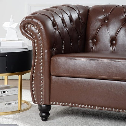 LEVNARY Leather Chesterfield Chair, Mid-Century Modern Single Sofa Chair, Tufted Upholstered Rolled Armchair for Home Bedroom Reading Room (Dark Brown)