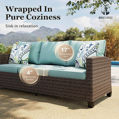 HERA'S HOUSE Wicker Patio Furniture Set with Fire Pit, 8 Pieces Outdoor Sectional Conversation Sets, Deep Seating Sofa for Lawn Deck Garden, Blue