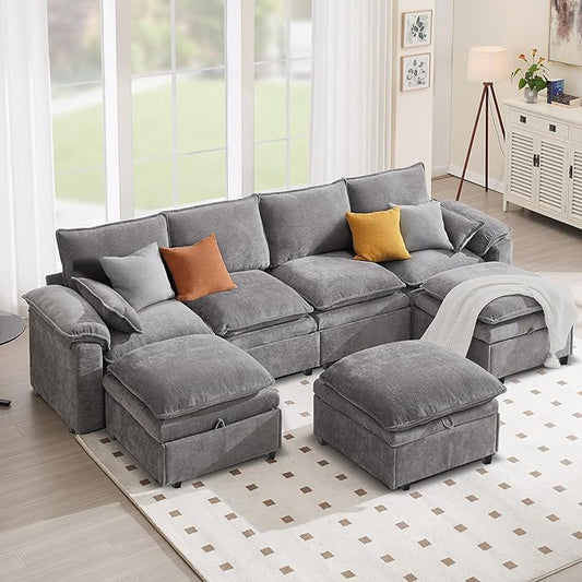 130" U Shaped Modular Sectional Sofa, Couch with Ottoman Storage, Chenille Cloud Couch with Plush Deep Seating for Living Room, Bedroom (7 Seat, Light Grey)