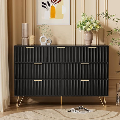 Dresser for Bedroom, Modern Fluted 47.2" Wide Chest of Drawers with Gold Pulls and 7 Drawers, 15.7" D x 47.2" W x 31.4" H, Black