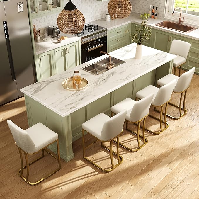 MAISON ARTS Off White & Gold Counter Height Bar Stools with Back Set of 6 for Kitchen Counter 24 Inch Modern Upholstered Faux Leather Barstools Farmhouse Bar Chairs Luxury Island Stools Support 330LBS