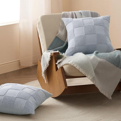 Double Stitch 100% Cotton Throw Pillow Covers - Checkered Tufted Boho Decorative Pillow Covers 20x20, Made in India, Square Cushion Case, Modern Home Decor for Couch, Sofa, Living Room, Arctic Blue