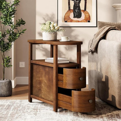 LITTLE TREE Solid Wood End Table Set 2 with 2 Drawers & Open Shelf, No Assembly Required Side Table for Living Room, Vintage Brown Couch Side Tables, Slim Bedside Table Nightstand for Bedroom
