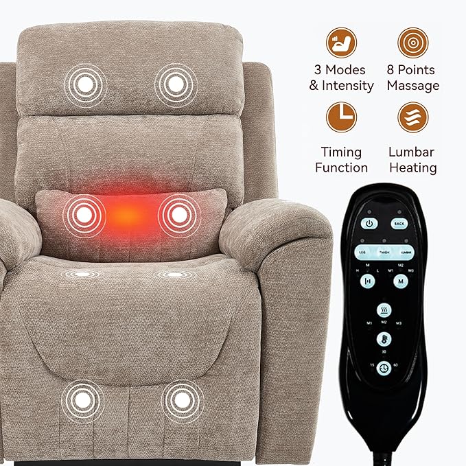 PELUMY Power Lift Recliner Chair for Elderly with Massage and Heat, Dual Motor Heavy Duty 350lbs Recliner, 8-Point Vibration & Lumbar Heating, Electric Lift Chair (Chenille, Khaki)