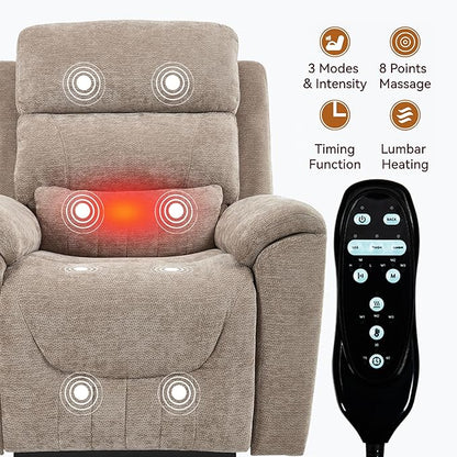 PELUMY Power Lift Recliner Chair for Elderly with Massage and Heat, Dual Motor Heavy Duty 350lbs Recliner, 8-Point Vibration & Lumbar Heating, Electric Lift Chair (Chenille, Khaki)