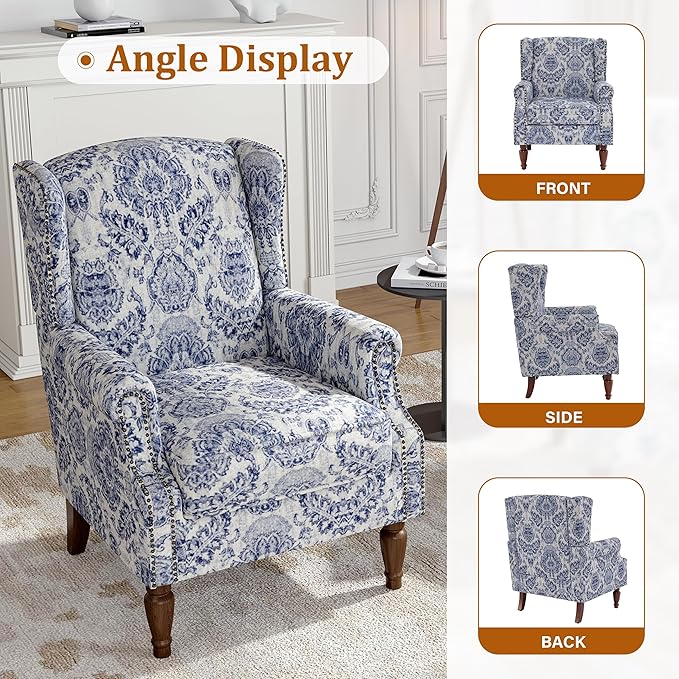 Wingback Accent Chairs Set of 2, High Back Upholstered Armchair, Printed Fabric Wingback Arms Chairs with Wood Legs, Single Sofa Reading Chair for Bedroom Living Room, Navy