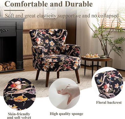 Floral Accent Chair, Upholstered Living Room Chairs with Solid Wood Legs, Mid Century Modern Velvet High Back Armchair for Living Room, Bedroom, Black