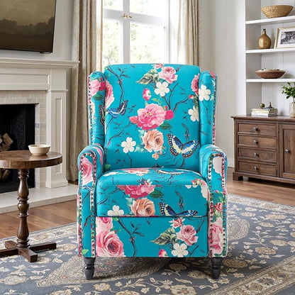 Recliner Chair, Upholstered Wingback Floral Pushback Armchair with Adjustable Backrest & Footrest, Comfy Accent Chair Reading Single Sofa for Small Spaces, Living Room, Bedroom (Peacock, Set of 2)