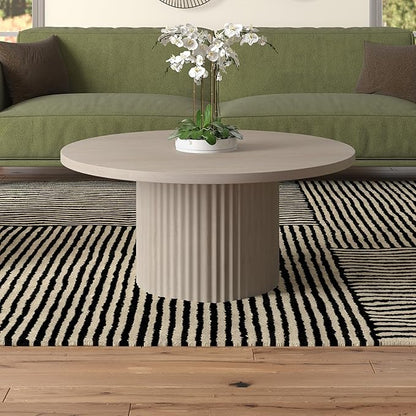 Henn&Hart 32" Fluted Round Wood Pedestal Low-Profile Coffee Table for Living Room, Family Room, Office, or Apartment, Alder White