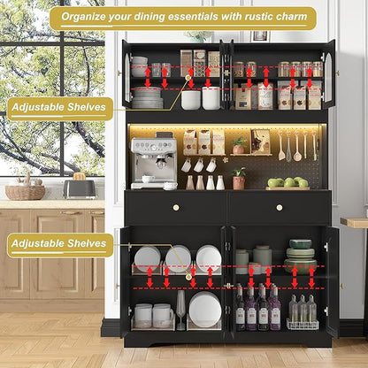 70" Pantry Cabinet with Pegboard, Kitchen Pantry Storage Cabinet with Shelves & Drawer, Adjustable Shelves, LED Light & Power Outlets for Dining Room (Black)