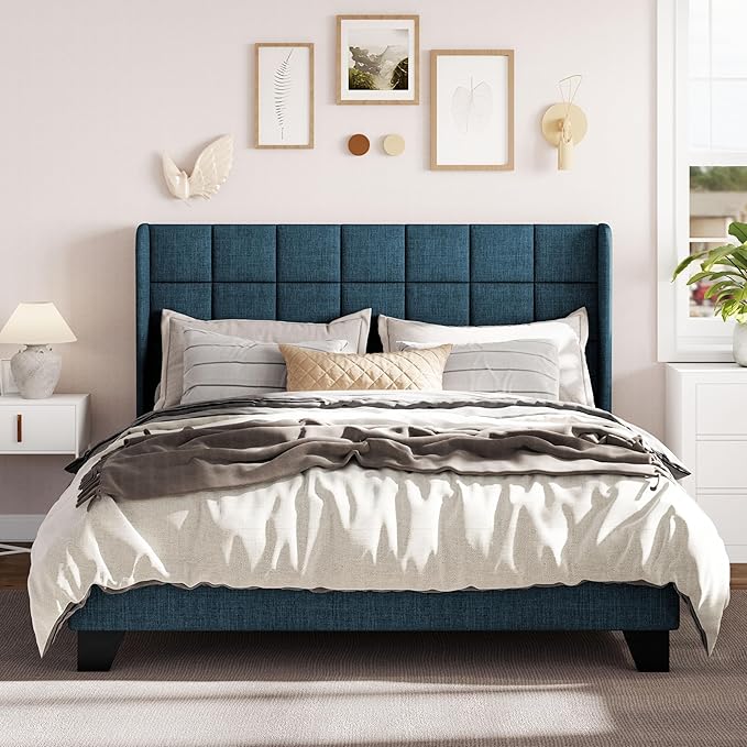 Allewie Queen Size Platform Bed Frame with Wingback, Fabric Upholstered Square Stitched Headboard and Wooden Slats, Mattress Foundation, Box Spring Optional, Easy Assembly, Dark Blue