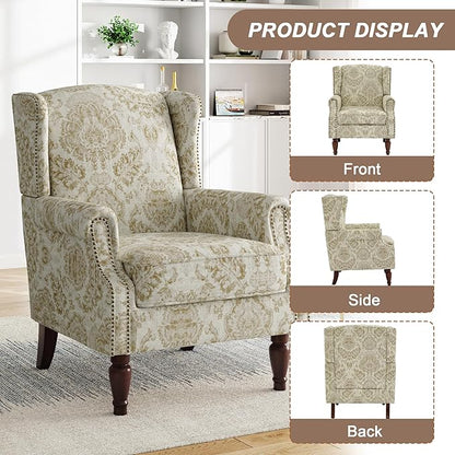 Pia Ricco Set of 2 Floral Accent Chairs, High Back Upholstered Armchairs with Retro Wingback Design, Nailhead Trim & Solid Wood Legs for Living Room Bedroom(Flower White)