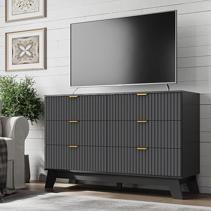 Fluted 6 Drawer Dresser, 47.2" Wide Modern Boho Chest of Drawers, Wooden Storage Dresser TV Stand for Bedroom, Living Room, Closet, Hallway, Curved Profile Design