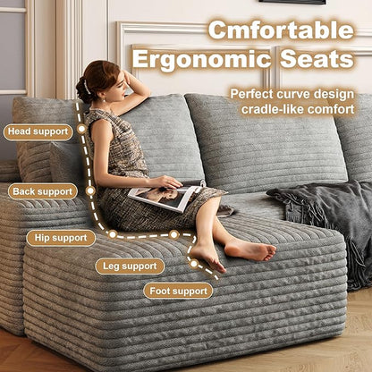108" Sectional Couches for Living Room Modern Modular Sofa with L-Shape Couchs Upholstered Boneless Couch Deep Seat Sectional Couch with Chaise (Grey, Right Facing Chaise+2Seaters+1Ottoman)