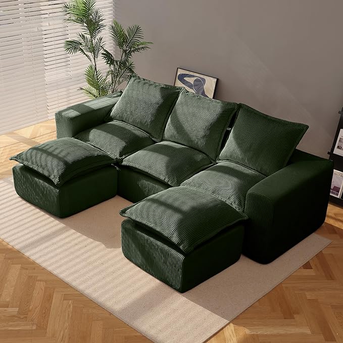 107" Comfy Cloud Couch with U-Shape Chaise & Deep Seat, Modular Sectional Sofa in a Box, Boneless Upholstered Couches for Living Room, No Assembly Required (Soft Corduroy, Green)