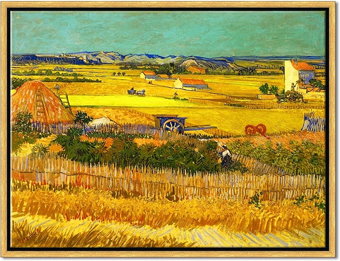 Wieco Art Framed Wall Art of Harvest at La Crau with Mont majour by Van Gogh Oil Paintings Reproduction Abstract Canvas Prints for Home Living Room Decorations Bronze Gold Frame