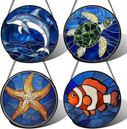 Stained Glass Window Hanging 4 Pcs Set Blue Ocean Turtle Dolphin Large 15" - Marine Life Suncatcher Garden Sun Catcher Decor Birthday Mother's Day for Mom Woman Nana Men