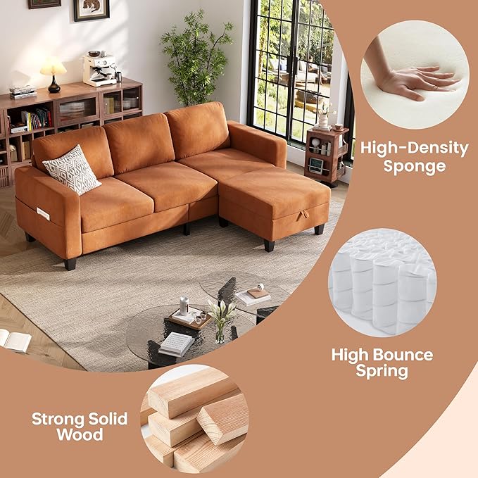 Sectional Sofa and Couches for Living Room, 78'' Orange 3 Seat L-Shaped Couch with Movable Ottoman, Comfy Velvet Convertible Sectionals Sofas with Chaise for Apartment, Office, Small Space