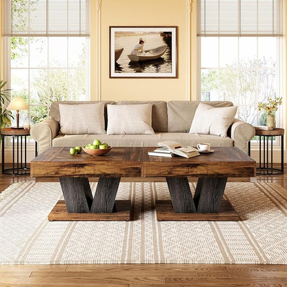 LITTLE TREE Square Coffee Table, Modern Rustic Coffee Table for Living Room, Wooden Table with Adjustable Feet, Brown