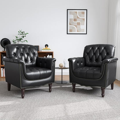 UIXE Faux Leather Accent Chair for Living Room, Tufted Arm Chair Retro Upholstered Club Armchair with Solid Wood Legs, Black Blue