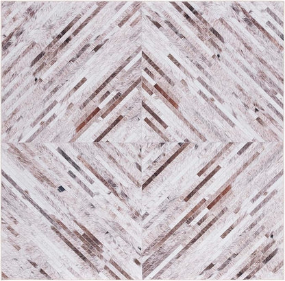 SAFAVIEH Washable Rug Faux Hide Collection - 6' Square, Beige & Brown, Slip Resistant, Western Rustic Decor, Printed Pattern, Ideal for Living Room, Bedroom, Home Office, Dining Space (FAH526A)
