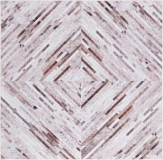 SAFAVIEH Washable Rug Faux Hide Collection - 6' Square, Beige & Brown, Slip Resistant, Western Rustic Decor, Printed Pattern, Ideal for Living Room, Bedroom, Home Office, Dining Space (FAH526A)