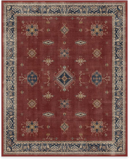 RUGGABLE Washable Vintage Area Rug – Verena Amber Red 8x10, Stain-Resistant, Non-Slip – Large Machine Washable Rugs for Living Room, Bedroom, Hallway, Entryway & Office–with Standard Pad