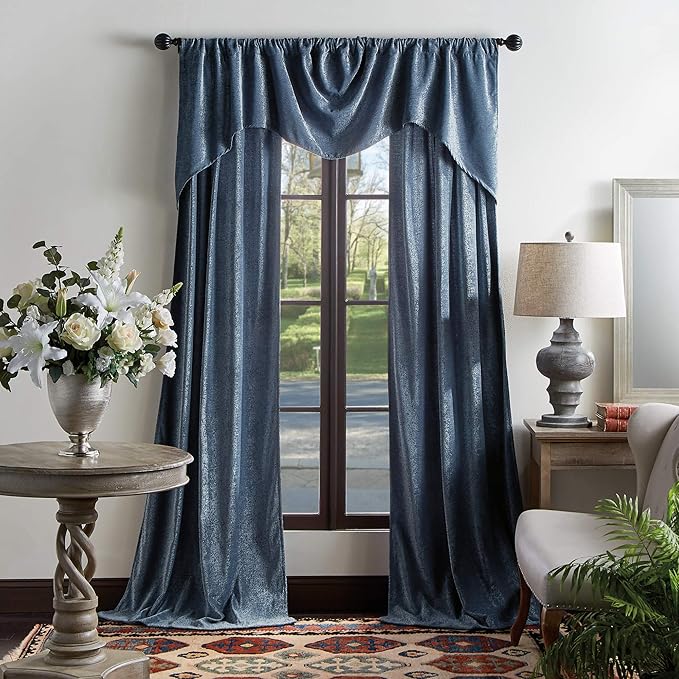 Martha Stewart Naples Chenille Solid Back Tab Window Curtain Panel Pair, 84", Navy