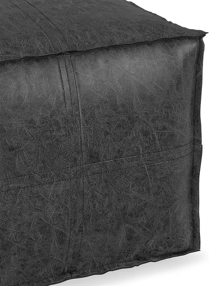 SIMPLIHOME Brody 18-inch Wide Square Pouf in Distressed Black Vegan Faux Leather, Boho-Style Ottoman, Footstool or Extra Seating for Living Room, Assembled