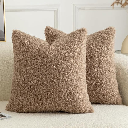 Pack of 2 Curly Teddy Wool Faux Fur Throw Pillow Covers Fuzzy Accent Soft Sherpa Pillowcases Sheepskin Fleece Decorative Cushion Case for Sofa Couch Living Room 26x26 Inch Khaki