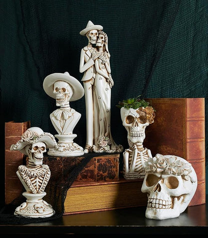 Primitives by Kathy Seasonal Home Decor Lady Skeleton Figurine - Resin, Off White and Bronze, Halloween