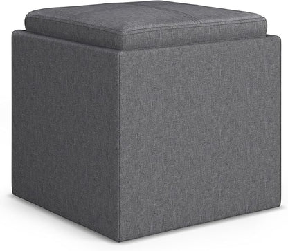 SIMPLIHOME Rockwood 18 inch Wide Contemporary Square Cube Storage Ottoman with Tray in Slate Grey Linen Look Fabric, Assembled, For the Living Room, Entryway and Family Room