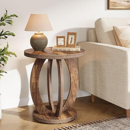 Tribesigns End Table, Round Side Table with Storage, Farmhouse Nightstand Bedside with Round Tabletop, Accent End Table for Living Room Bedroom Small Space, Wooden Accent Furniture (1, Dark Brown)