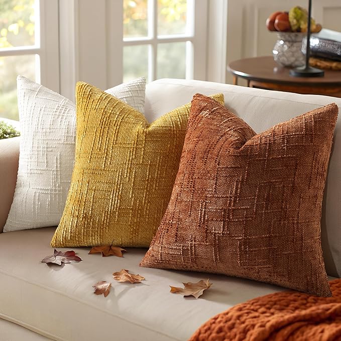 decorUhome Fall Rust Chenille Throw Pillow Covers 18x18 Set of 2 Thick Textured Slubby Couch Pillow Covers Farmhouse Accent Modern Neutral Decorative Pillow Cases for Bed Sofa Living Room
