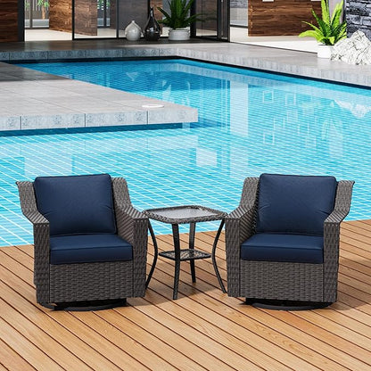 3 Pieces Patio Conversation Furniture Set - 2 Swivel Chairs, 1 Side Table, Outdoor Wicker Rocking Glider Armchairs with Washable and Water-Resistant Cushions for Balcony, (Navy Blue)