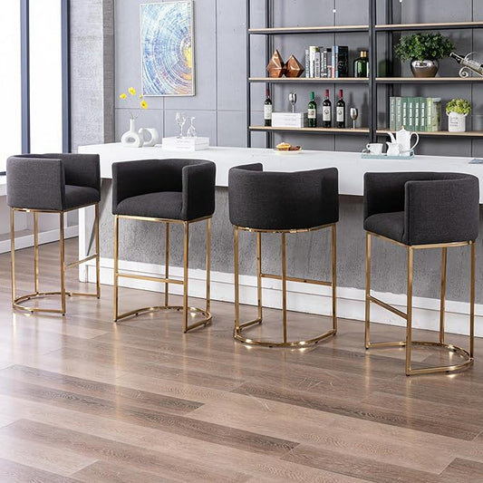 Contemporary Charcoal Linen Bar Stools Set of 4, 32" Upholstered Fabric Counter Height Barstool Kitchen Counter Island Stools with Golden Metal Base