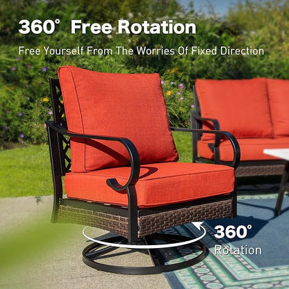 6 Piece Metal Outdoor Patio Furniture Set, Patio Conversation Set with Swivel Chair and 5.75" Thick Cushion & Coffee Tabl, Outdoor Seating Black Frame Backyard Furniture, Rust Red