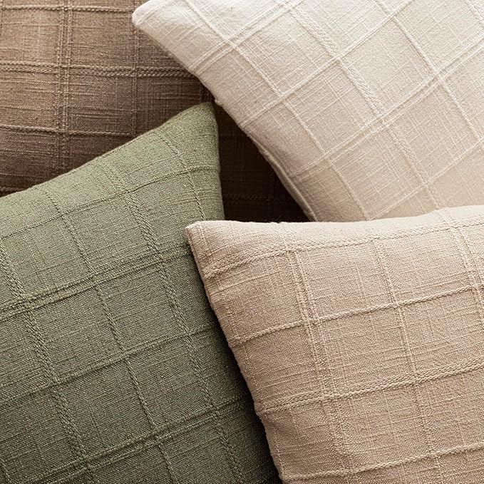 Foindtower Set of 2 Decorative Linen Check Throw Pillow Covers Neutral Farmhouse Vintage Cushion Covers Modern Boho Home Decor for Sofa Chair Couch Bedroom Living Room,24×24 Inch,Sage Green