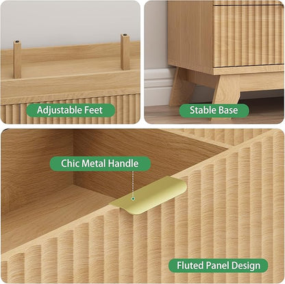 Fluted Dresser for Bedroom with 9 Drawers, 57" Wide Modern Chest of Drawers with Metal Handle, Wooden Dresser TV Stand, Wood Closet Clothes Storage Organizer for Living Room, Hallway, Natural Oak