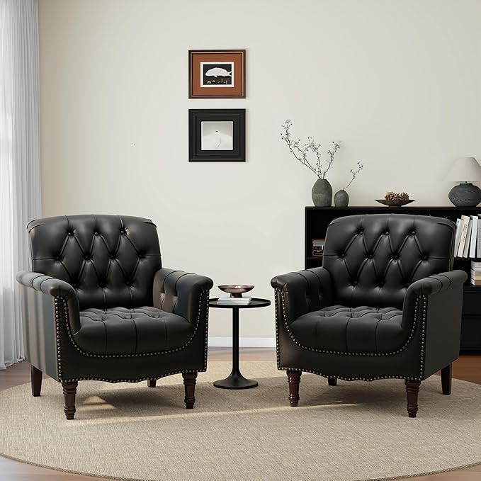 UIXE Faux Leather Accent Chairs Set of 2, Comfy Club Chair Upholstered Armchair for Living Room, Button Tufted Arm Chair Retro Single Sofa Side Reding Seat for Bedroom - Black