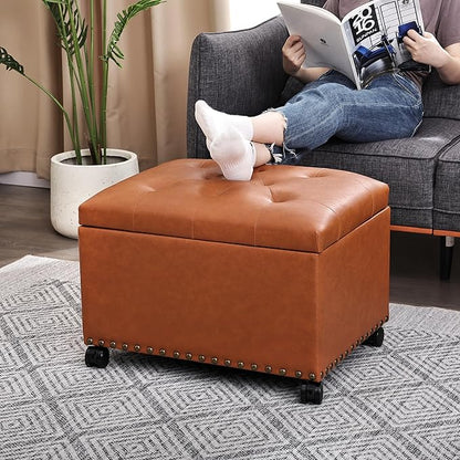 24" Square Ottomans with Storage, Leather Ottoman with Storage with Lockable Wheels and Hight Loading, Foot Stool Ottoman with Wheels for Makeup Room, Dorms and Apartments (Orange Brown)