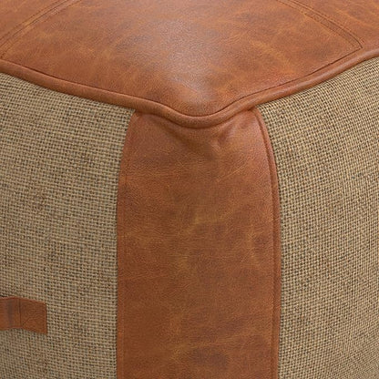 SIMPLIHOME Atkinson Boho Square Pouf in Tan Genuine Leather for the Living Room, Bedroom and Kids Room